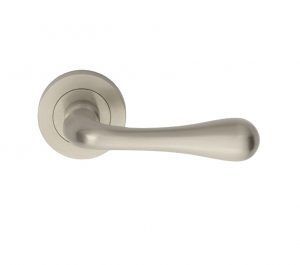Manital Stella Door Handles On Round Rose, Satin Nickel (sold in pairs)