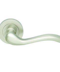 Manital Apollo Door Handles On Round Rose, Satin Nickel (sold in pairs)