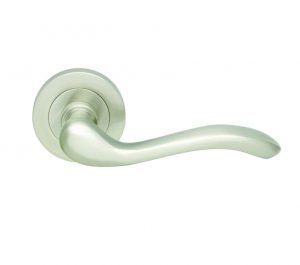 Manital Apollo Door Handles On Round Rose, Satin Nickel (sold in pairs)