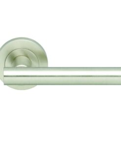 Manital Calla Door Handles On Round Rose, Satin Nickel (sold in pairs)