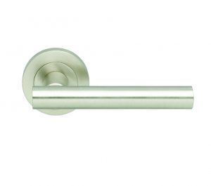 Manital Calla Door Handles On Round Rose, Satin Nickel (sold in pairs)