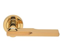 Manital Veronica Art Deco Door Handles On Round Rose, Polished Brass (sold in pairs)