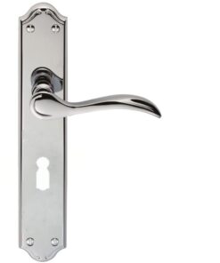 Madrid Door Handles On Long Backplate, Polished Chrome (sold in pairs)