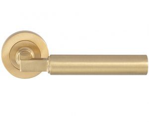 Amiata Door Handles On Round Rose, Satin Brass (sold in pairs)