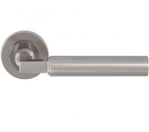 Amiata Door Handles On Round Rose, Satin Nickel (sold in pairs)
