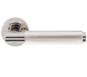 Varese Knurled Door Handles On Round Rose, Polished Nickel (sold in pairs)