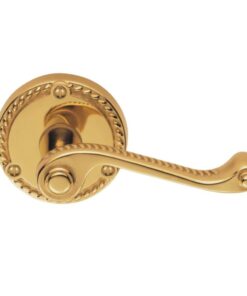 Georgian Door Handles On Round Rose, Polished Brass (sold in pairs)