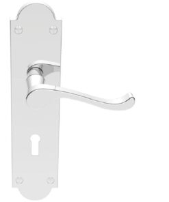 Victorian Scroll Door Handles On Shaped Backplate, Polished Chrome (sold in pairs)