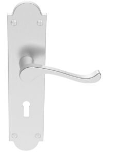 Victorian Scroll Door Handles On Shaped Backplate, Satin Chrome (sold in pairs)