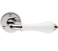 Porcelain Door Handles On Round Rose, Plain White On Polished Chrome Rose (sold in pairs)