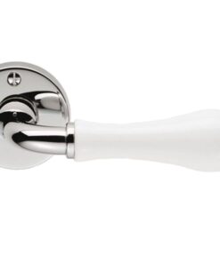 Porcelain Door Handles On Round Rose, Plain White On Polished Chrome Rose (sold in pairs)