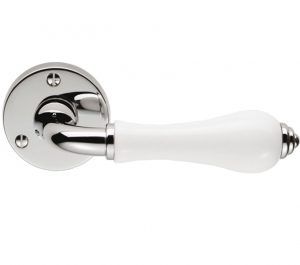 Porcelain Door Handles On Round Rose, Plain White On Polished Chrome Rose (sold in pairs)