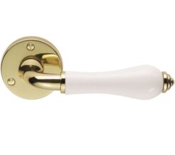Porcelain Door Handles On Round Rose, Plain White On Polished Brass Rose (sold in pairs)