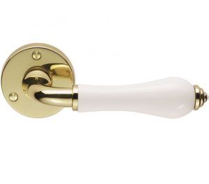Porcelain Door Handles On Round Rose, Plain White On Polished Brass Rose (sold in pairs)