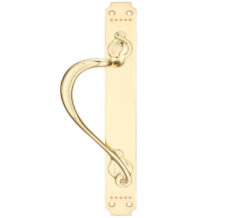 Left OR Right Handed Cast Brass Pull Handle With Art Nouveau Backplate, Polished Brass