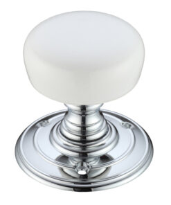 Plain White Porcelain Door Knobs, Polished Chrome -  (sold in pairs)