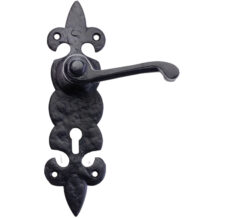 Fleur De Lys Door Handles On Backplate, Black Antique (sold in pairs)