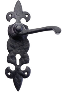 Fleur De Lys Door Handles On Backplate, Black Antique  (sold in pairs)