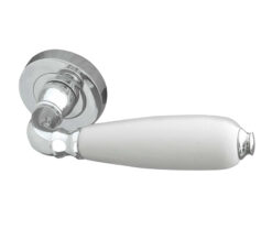Oxford White China Door Handles On Round Rose, Polished Chrome  (sold in pairs)