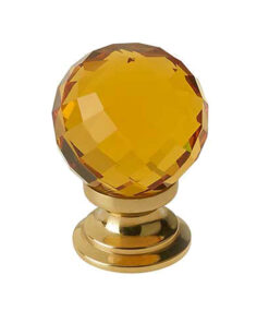 Amber Coloured Faceted Glass Cupboard Door Knob, Polished Brass