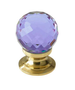 Purple Coloured Faceted Glass Cupboard Door Knob, Polished Brass