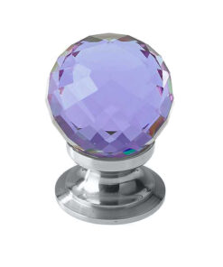 Purple Coloured Faceted Glass Cupboard Door Knob, Polished Chrome