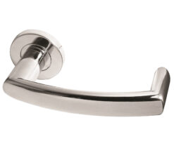 Juno Door Handles On Round Rose, Polished Stainless Steel (sold in pairs)