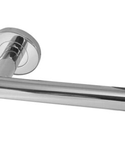 Julian Door Handles On Round Rose, Polished Stainless Steel (sold in pairs)