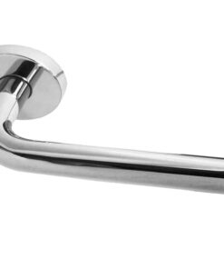 Radium Door Handles On Round Rose, Polished Stainless Steel (sold in pairs)