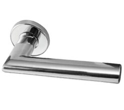 Neptune Mitred Door Handles On Round Rose, Polished Stainless Steel (sold in pairs)