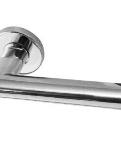 Neptune Mitred Door Handles On Round Rose, Polished Stainless Steel (sold in pairs)