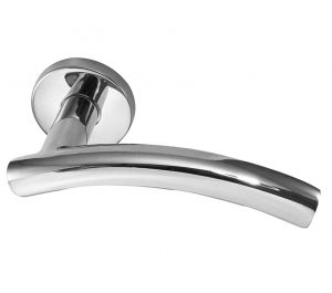 Arched Door Handles On Round Rose, Polished Stainless Steel (sold in pairs)