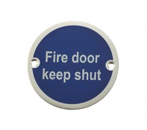 Fire Door Keep Shut Sign (75mm Diameter), Satin Aluminium