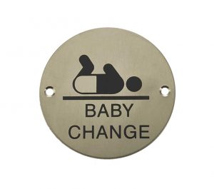 Baby Change Pictogram Sign (75mm Diameter), Satin Stainless Steel