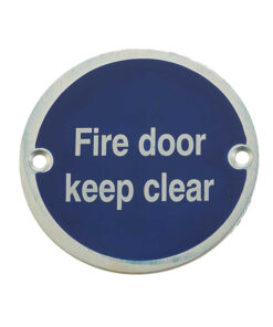 Fire Door Keep Clear Sign (75mm Diameter), Satin Aluminium