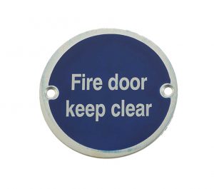 Fire Door Keep Clear Sign (75mm Diameter), Satin Aluminium