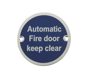 Automatic Fire Door Keep Clear (75mm Diameter), Satin Aluminium