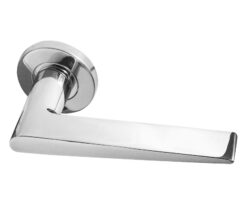 Meteor Door Handles On Round Rose, Polished Stainless Steel (sold in pairs)