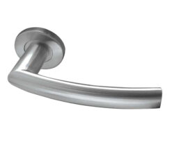 Luma Door Handles On Round Rose, Satin Stainless Steel (sold in pairs)