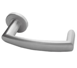 Juno Door Handles On Round Rose, Satin Stainless Steel (sold in pairs)