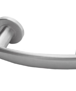 Juno Door Handles On Round Rose, Satin Stainless Steel (sold in pairs)