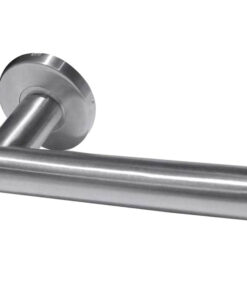 Julian Door Handles On Round Rose, Satin Stainless Steel (sold in pairs)