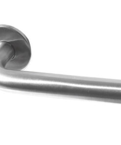 Radium Door Handles On Round Rose, Satin Stainless Steel (sold in pairs)