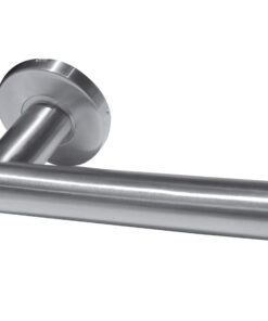 Neptune Mitred Door Handles On Round Rose, Satin Stainless Steel (sold in pairs)