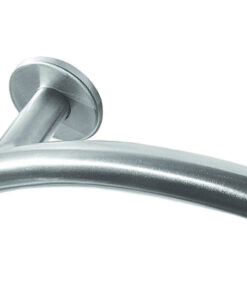 Arched Door Handles On Round Rose, Satin Stainless Steel (sold in pairs)