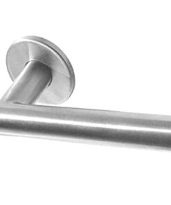 Atlanta Door Handles On Round Rose, Satin Stainless Steel (sold in pairs)