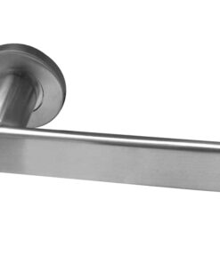 Sandrine Door Handles On Round Rose, Satin Stainless Steel (sold in pairs)