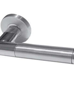 Cambrio Mitred Door Handles On Round Rose, Dual Finish Polished & Satin Stainless Steel (sold in pairs)