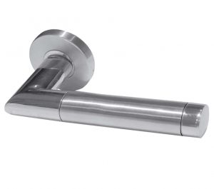 Cambrio Mitred Door Handles On Round Rose, Dual Finish Polished & Satin Stainless Steel (sold in pairs)