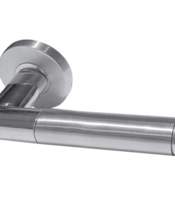 Saturn Mitred Oval Door Handles On Round Rose, Dual Finish Polished & Satin Stainless Steel (sold in pairs)